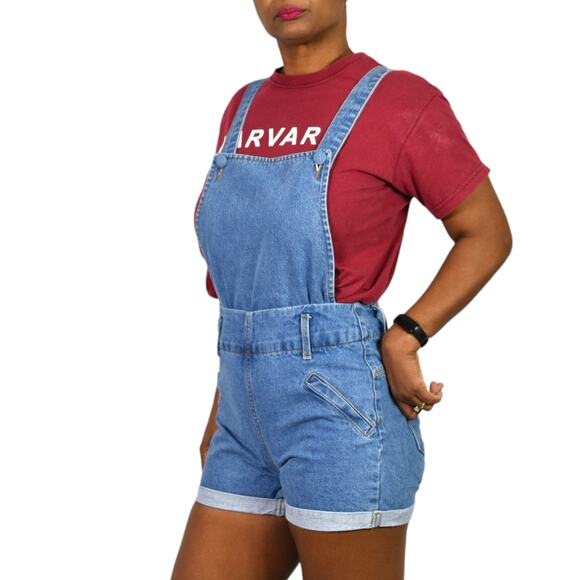 Vintage Blossom Jeans Bib Overall Blue Denim Shorts 80s Suspender Cuffed Size XS - Picture 2 of 15